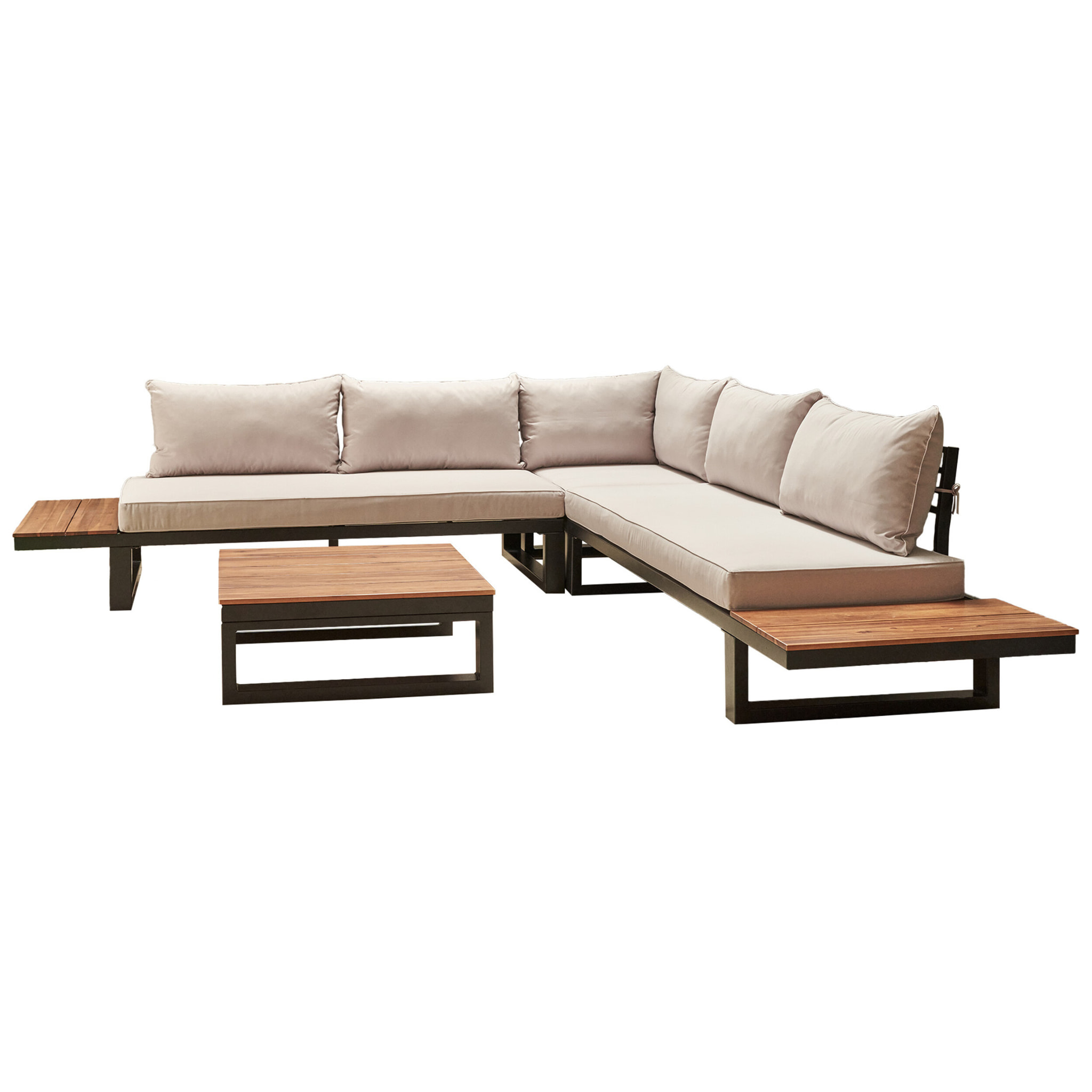 Salome - salon bas de jardin 5 places + table - modulable - bois, métal et coussins beiges - Noir, bois et beige