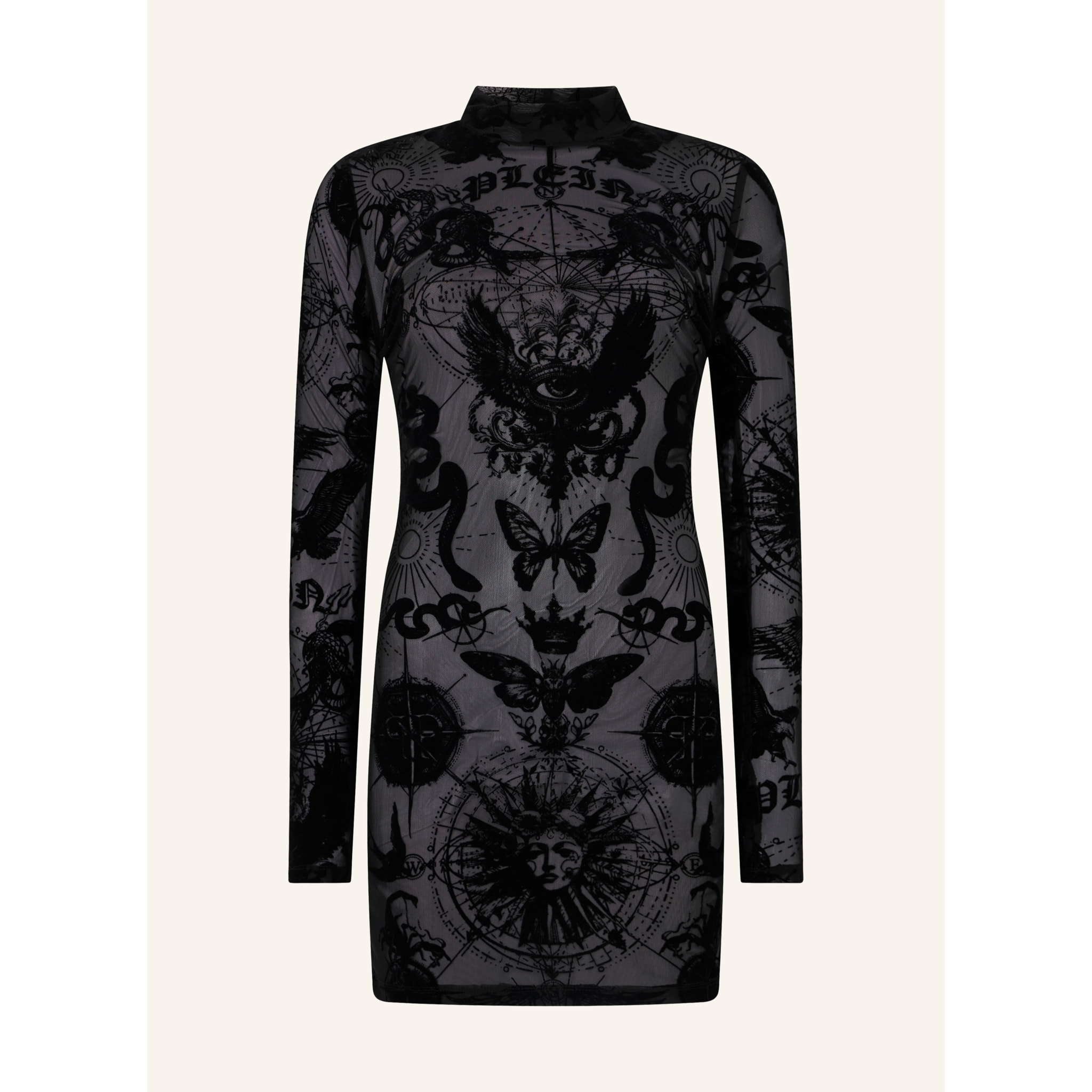 PHILIPP PLEIN Long Sleeve Mini Dress Flock Butterfly Tattoo