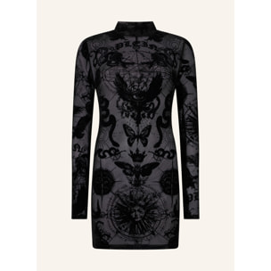 PHILIPP PLEIN Long Sleeve Mini Dress Flock Butterfly Tattoo