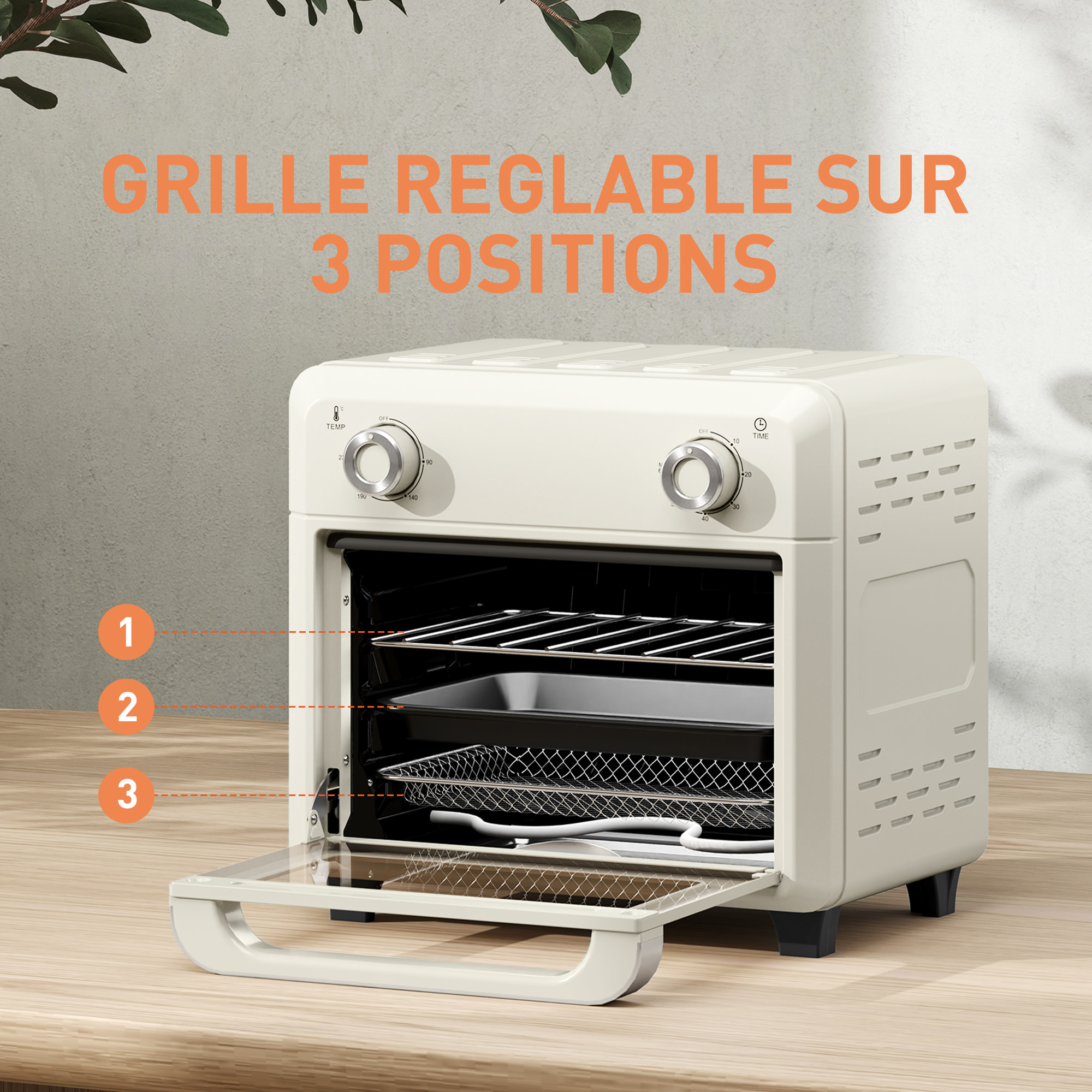 Friteuse à air mini four 1 000W 10L 80°C-230°C timer 5 accessoires inclus crème