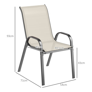 Juego de 4 Sillas de Jardín Exterior, Sillas Terraza Exterior Apilables, Sillas de Jardín con Tela Transpirable, Marco de Acero, Reposabrazos y Respaldo, 54x71x93 cm, Beige y Negro