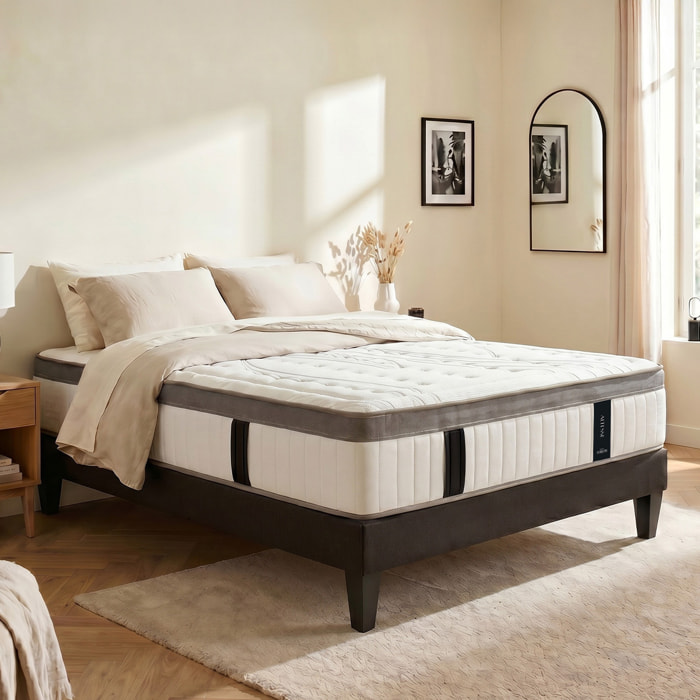 Ensemble Matelas Altesse & Sommier Kit Tissu, Mémoire de Forme & Hyper Soft, 27 cm, Accueil Enveloppant, Soutien Ferme