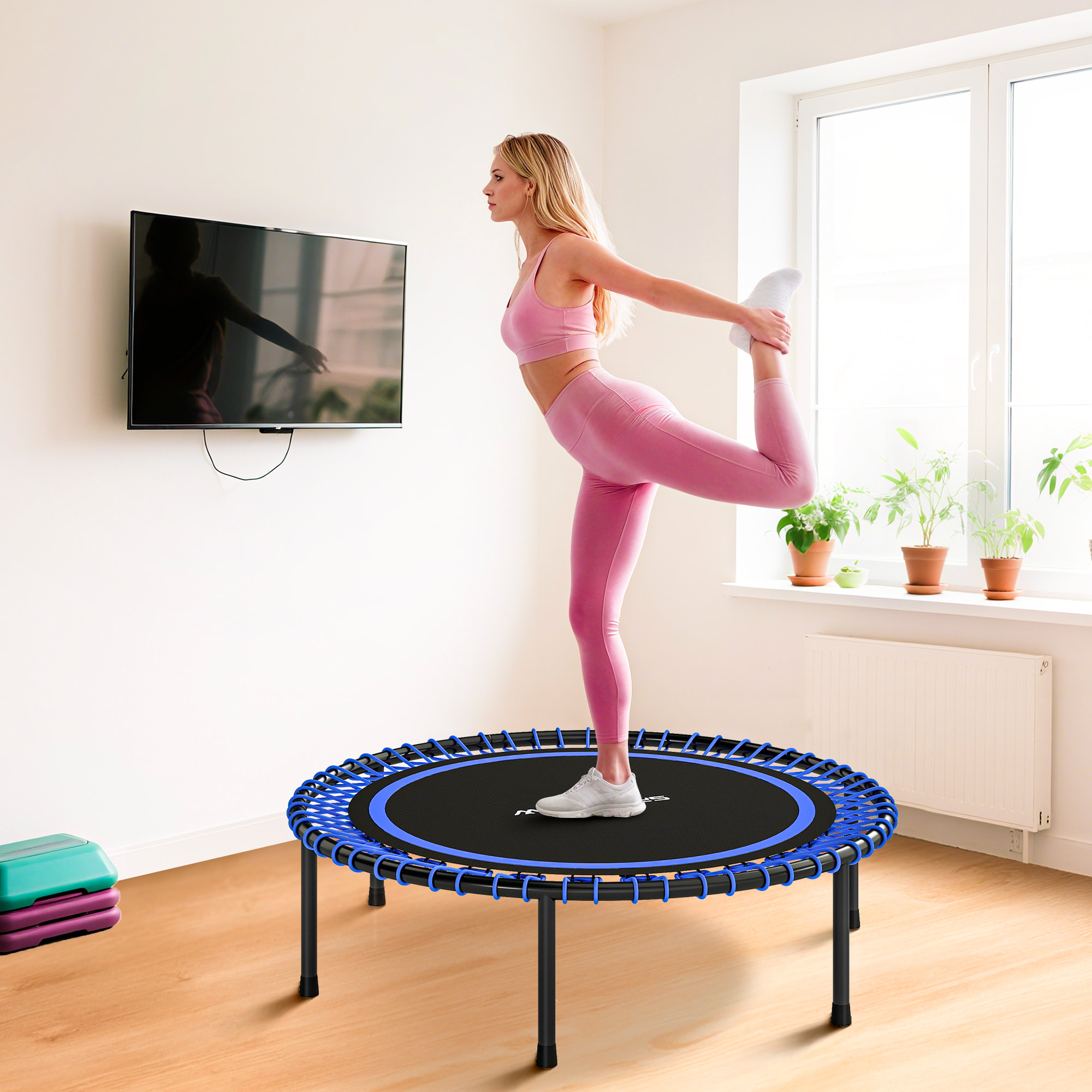 Trampolín de Fitness Adultos Ø114 cm, Cama Elástica con Marco de Acero Reforzado, para Entrenamiento Piernas, Cuerpo en Hogar, Oficina, Gimnasio, Azul y Negro