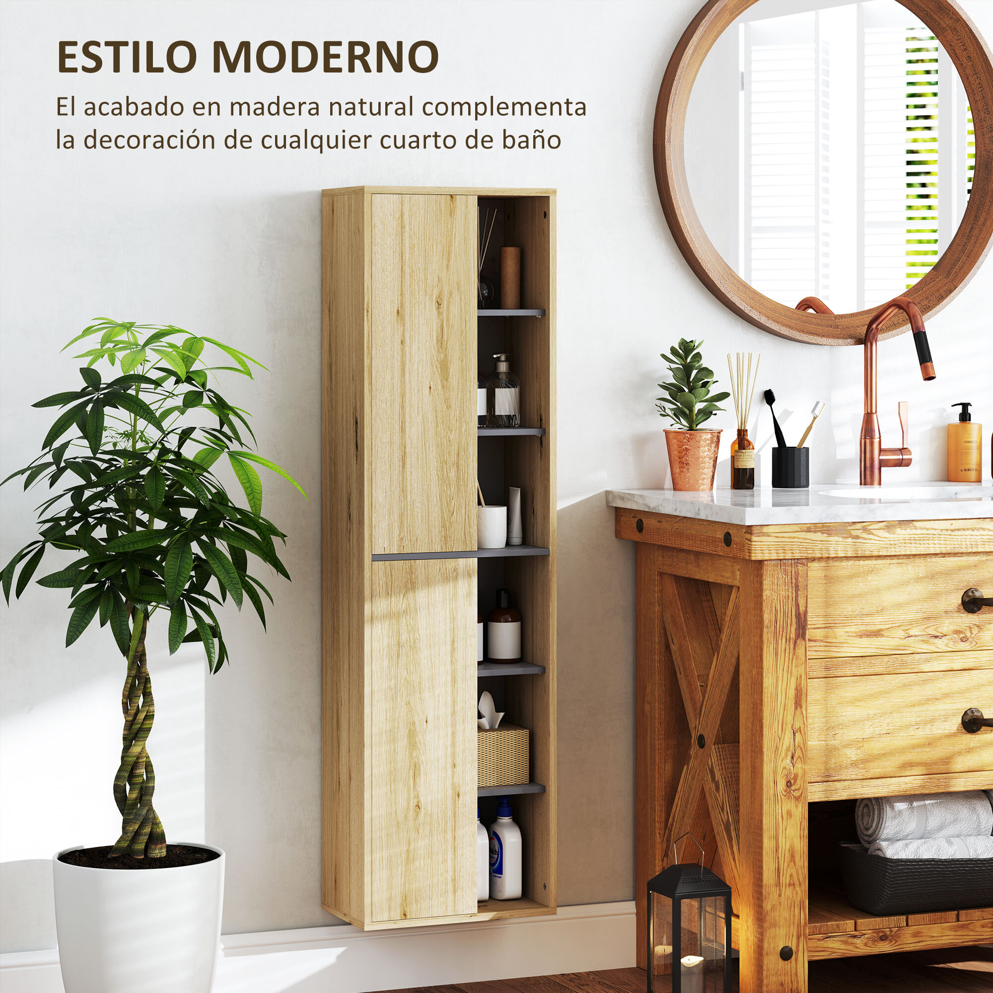Columna de Baño de Pared Armario de Baño con Compartimentos Abiertos y 2 Puertas Mueble de Baño Moderno 40x24x141,5 cm Natural