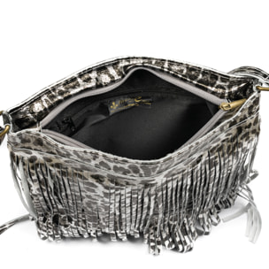 Avise borsa a tracolla con frange donna. Vera pelle scamosciata con stampa animalier leopardata lucida.