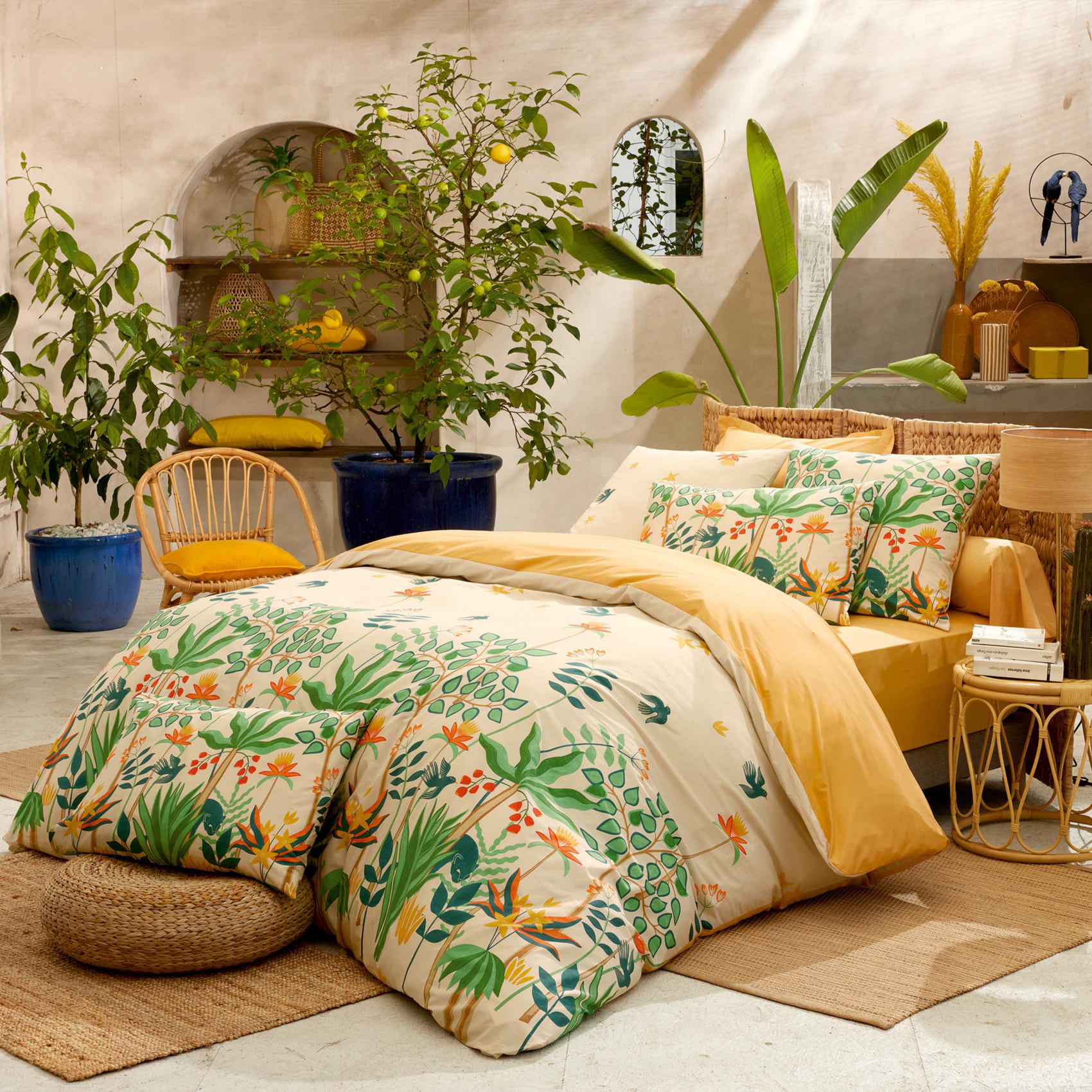 Parure de lit 3 pièces percale de coton 80 fils tropical housse + taies - Vert