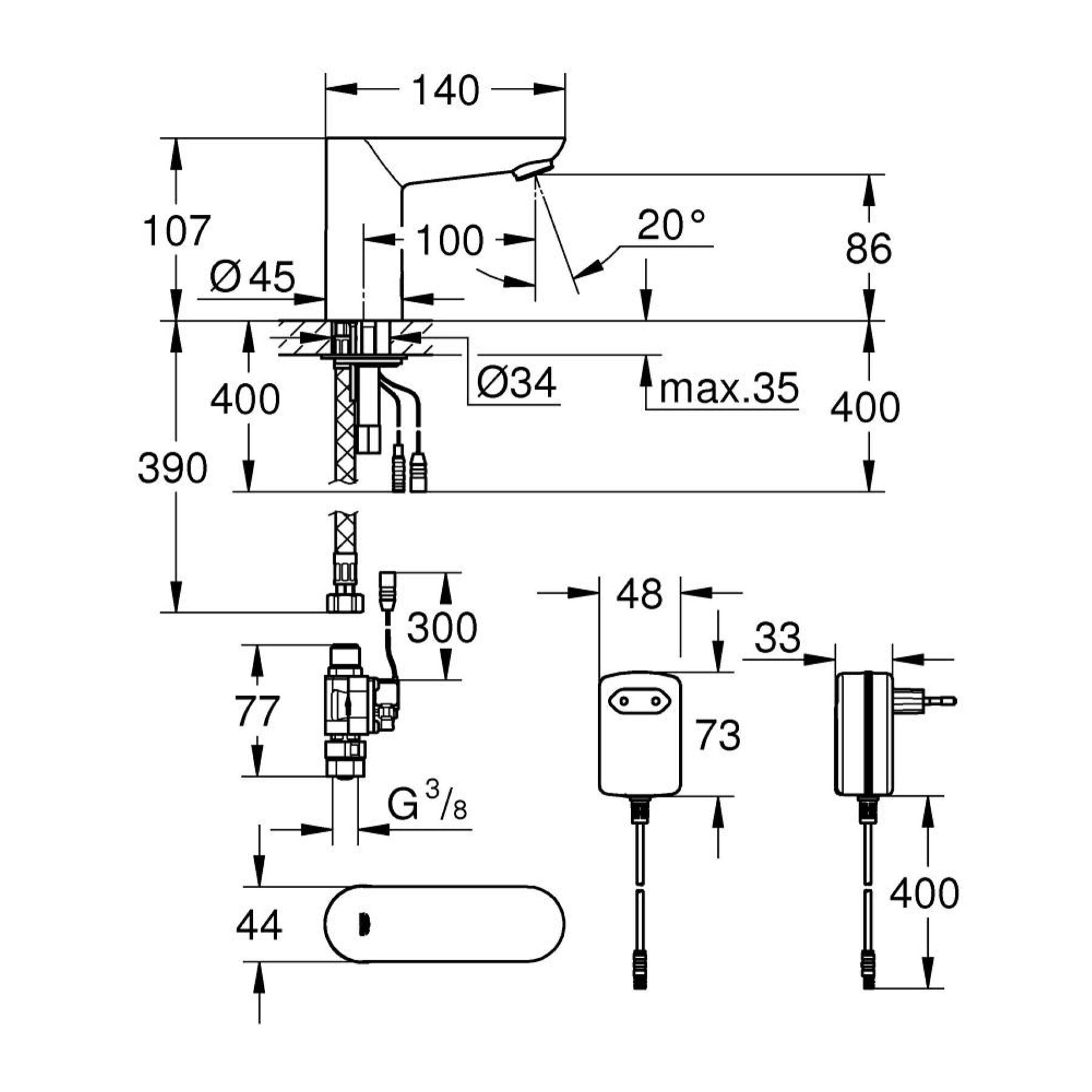 Robinet lavabo Infrarouge monofluide Euroeco Cosmopolitan E, chromé