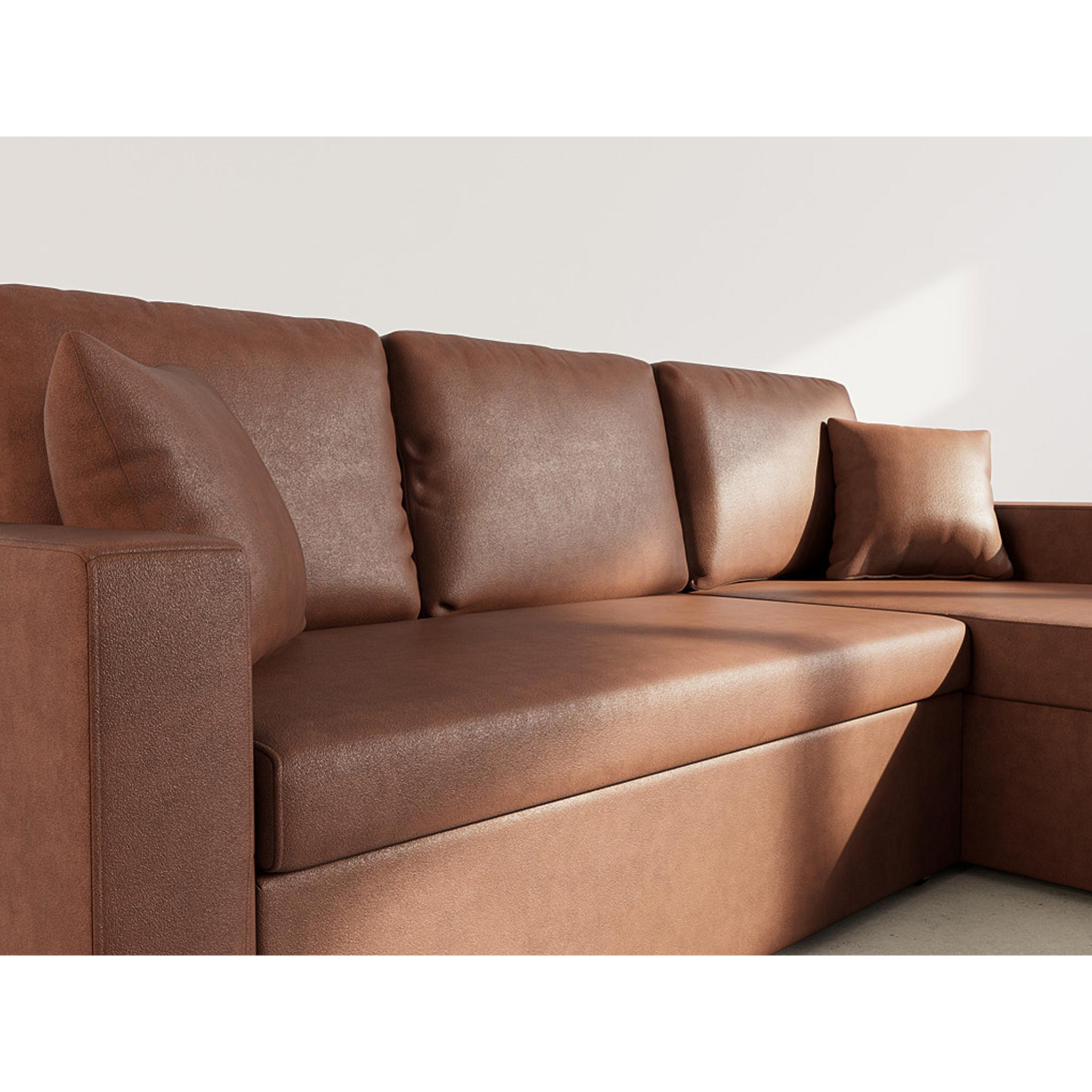 Cyrus - Canapé d'angle réversible 4 places - convertible avec coffre - en simili - Cognac