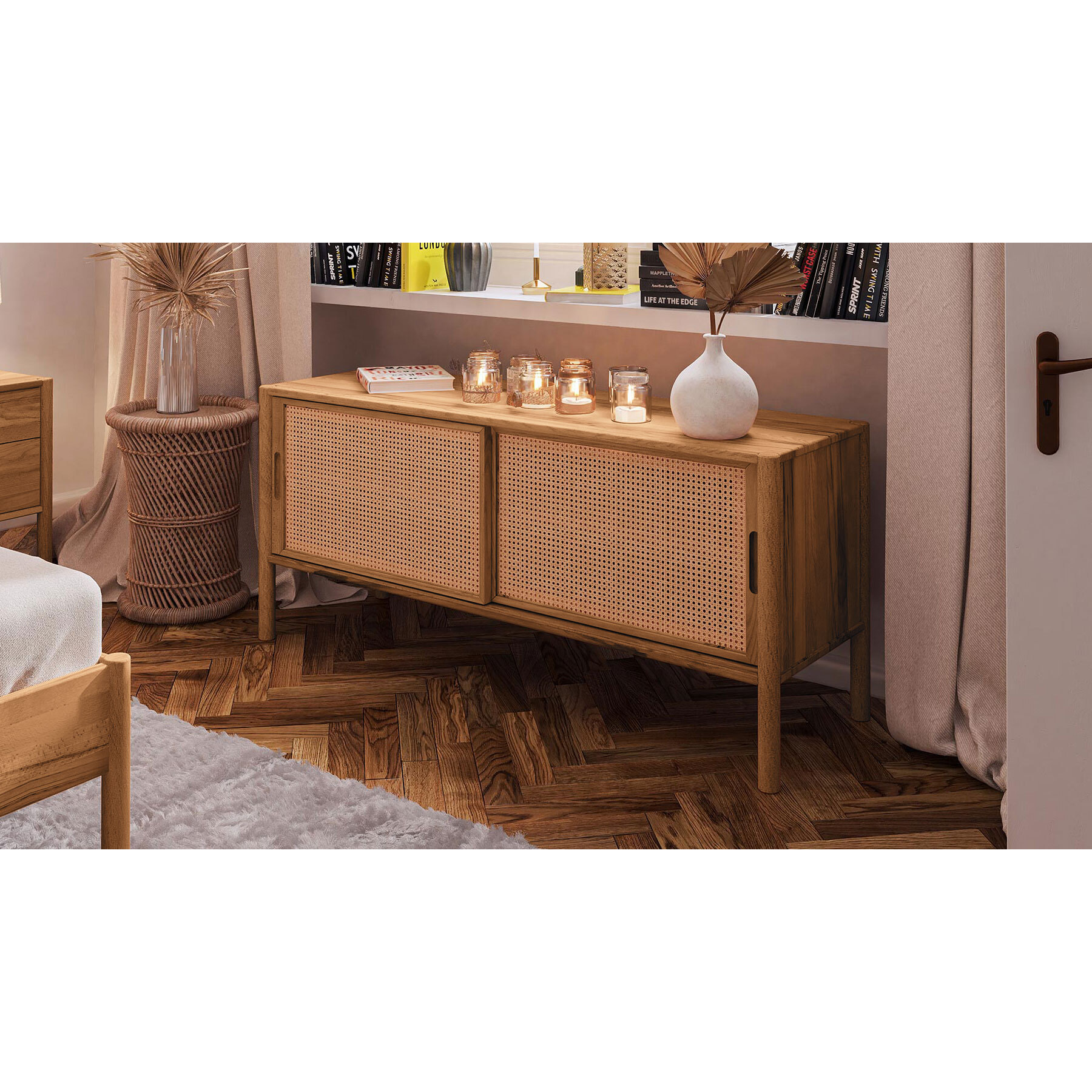 Meuble bas hêtre et canage sogno 142x46cm