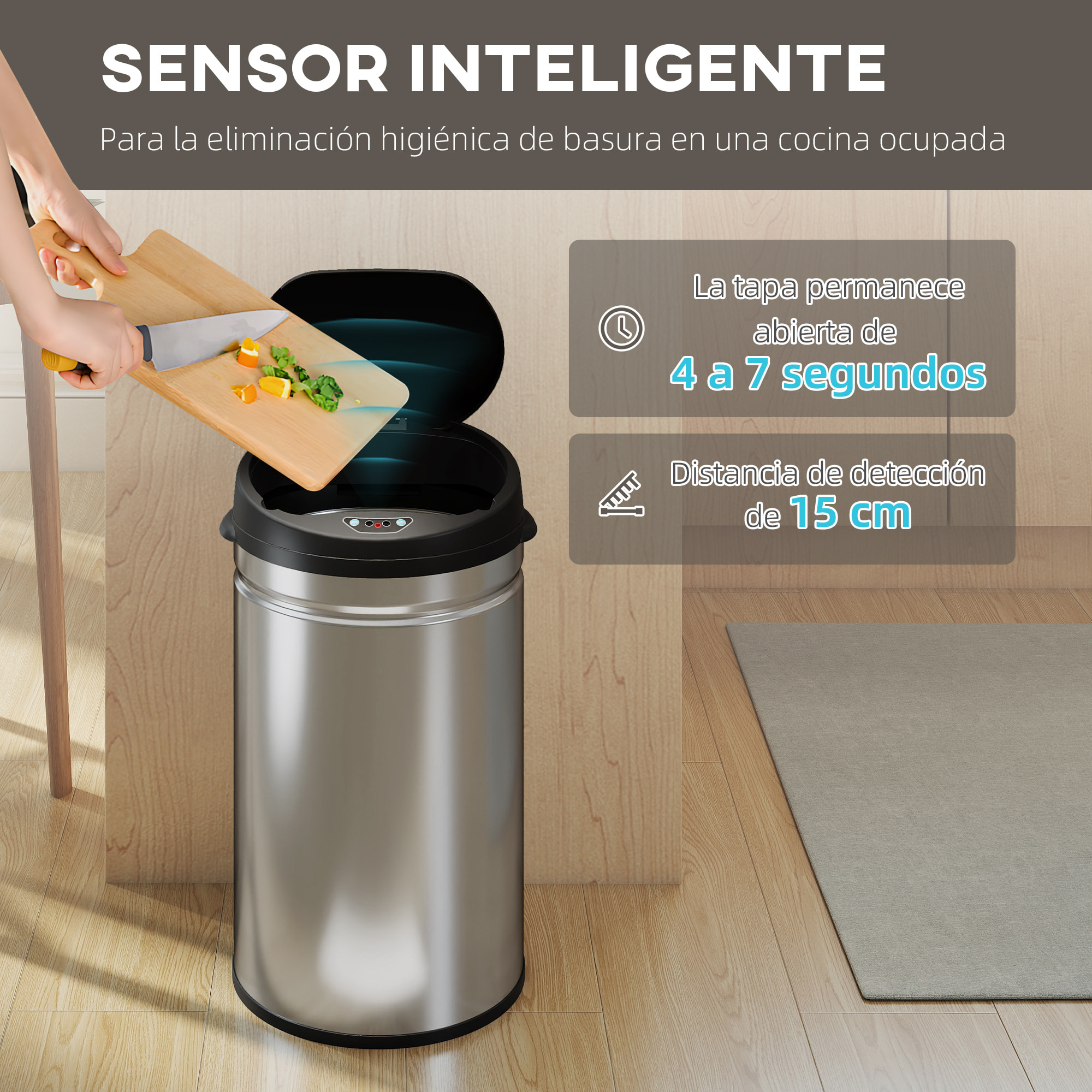 Cubo de Basura Cocina Automático 30 L, Papelera de Cocina de Acero Inoxidable, Sensor Infrarrojo, Cierre Automático, Antihuellas, para Dormitorio, Oficina, Plata