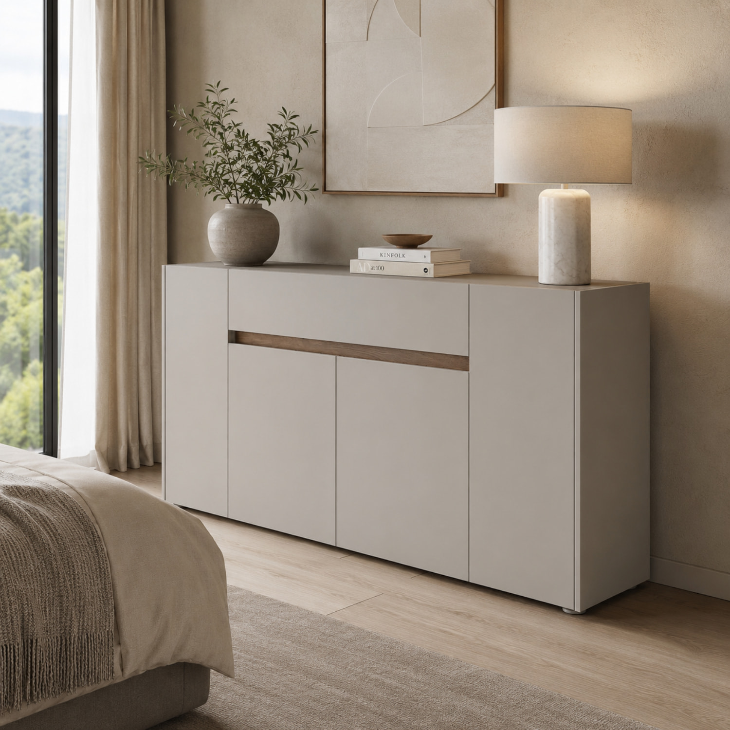 Credenza Moderna Madia In Melaminico Con 4 Ante E 1 Cassetto Mobile Contenitore Sala Pranzo Soggiorno Design Senza Maniglie 170x85x40 cm Noce Chiaro