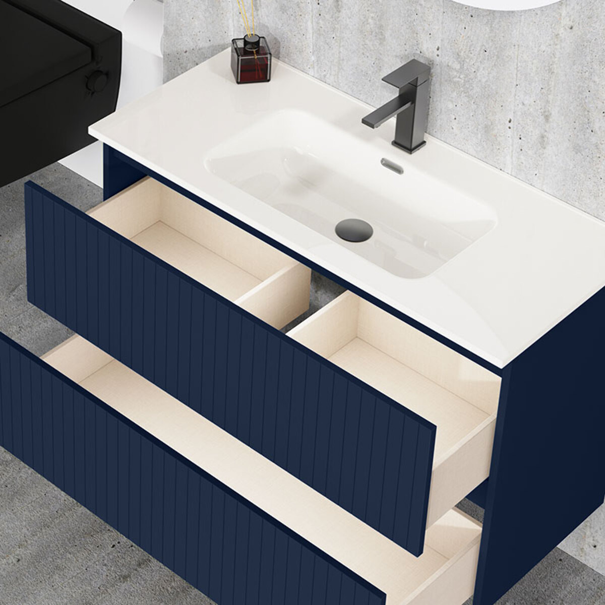 Ensemble de Salle de Bain Miya | 100 cm Bleu | Deux Tiroirs | Lavabo Encastré | N'inclut pas le Miroir | Alday