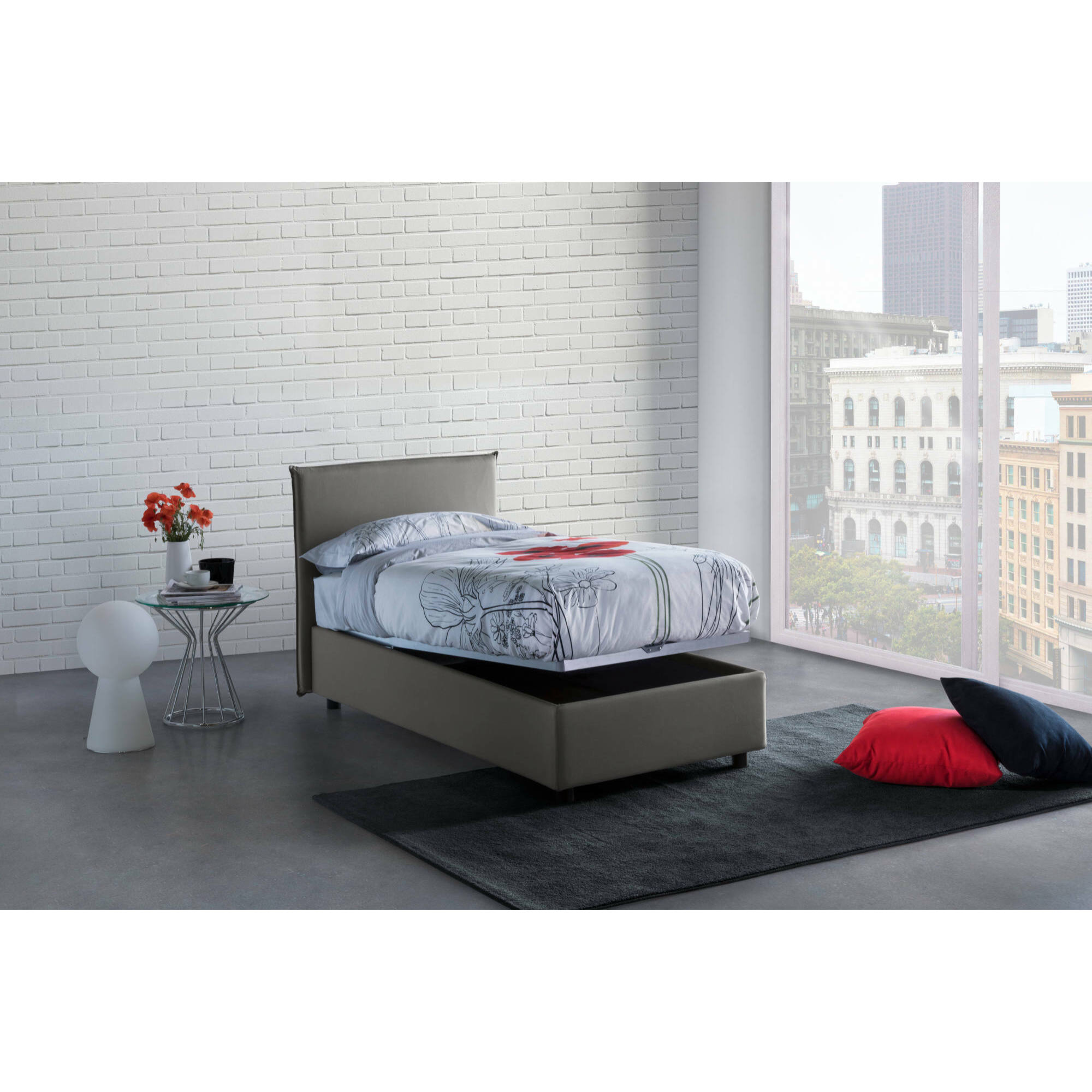Letto singolo Argentino, Letto contenitore con rivestimento in tessuto, 100% Made in Italy, Apertura frontale, adatto per materasso Cm 80x190, Grigio
