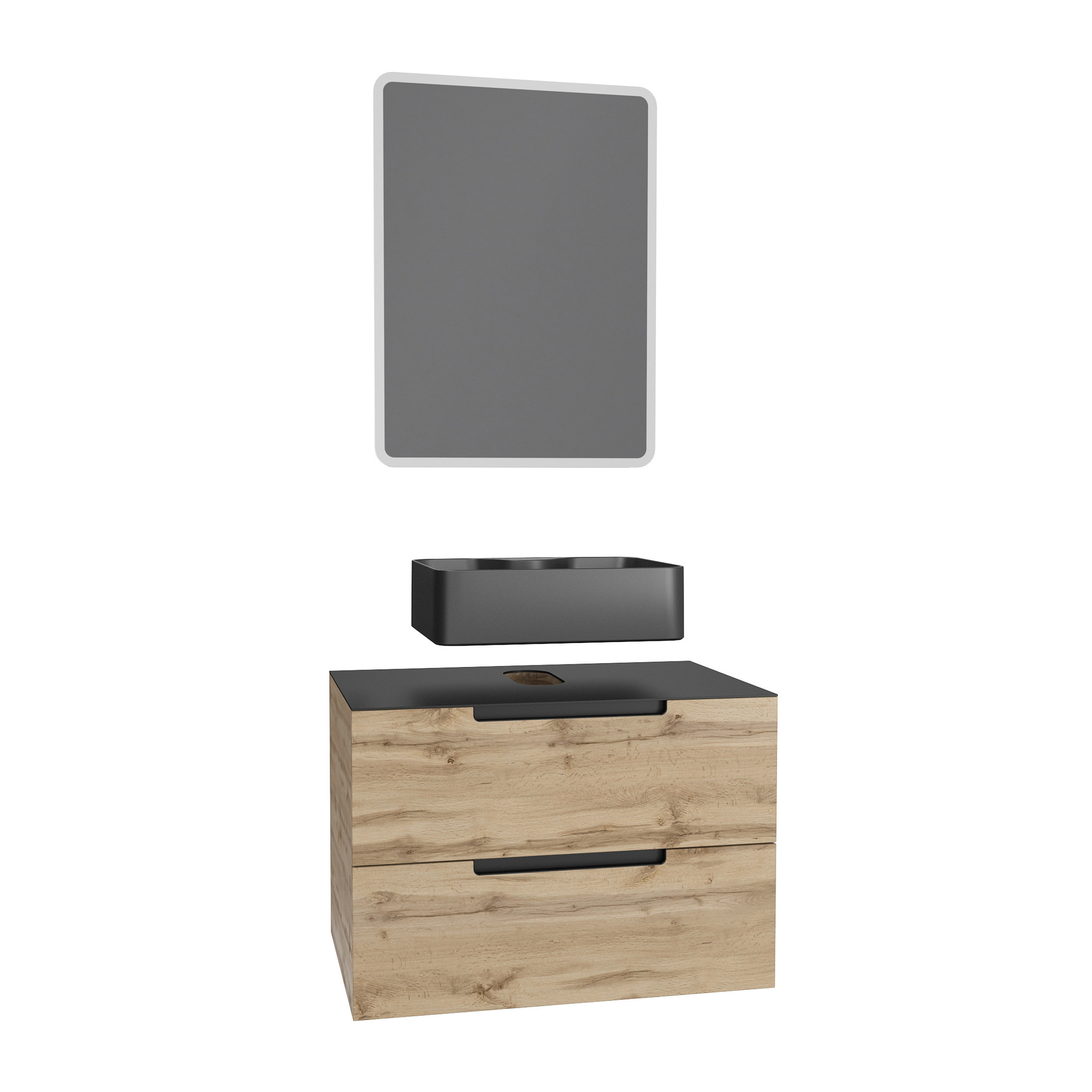 Meuble salle de bains 80 cm 2 tiroirs - Chêne et noir - Vasque rectangle - Miroir Led - OMEGA