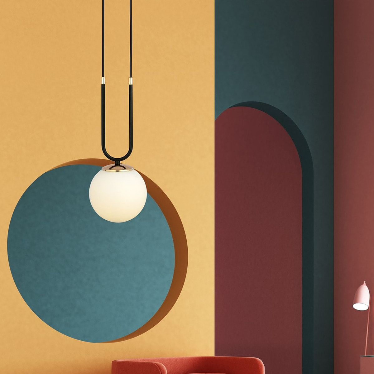 Lampada a sospensione GLAM in acciaio nero opaco e vetro opalino