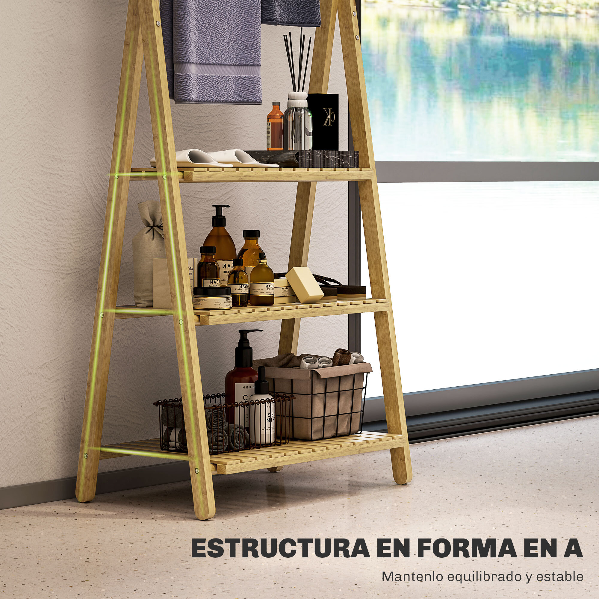 Estantería de Baño de Bambú con 3 Estantes Estantería de Almacenaje Plegable con Barras Estantería de Madera en Forma de A 53,5x30x53 cm Natural