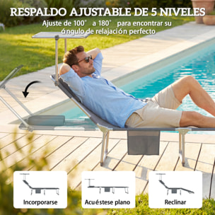 Set de 2 Tumbonas Jardín Exterior, Tumbonas Plegables con Reposacabezas, Dosel 360°, Orificio Facial, Bolsillo Lateral, Respaldo Reclinable 5 Posiciones y Textilene 550 g/m² para Playa, Gris