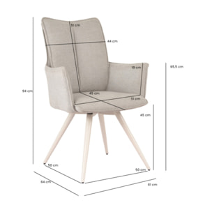 Chaise pivotante 180° avec accoudoirs tissu doux et pieds métal - TOMA