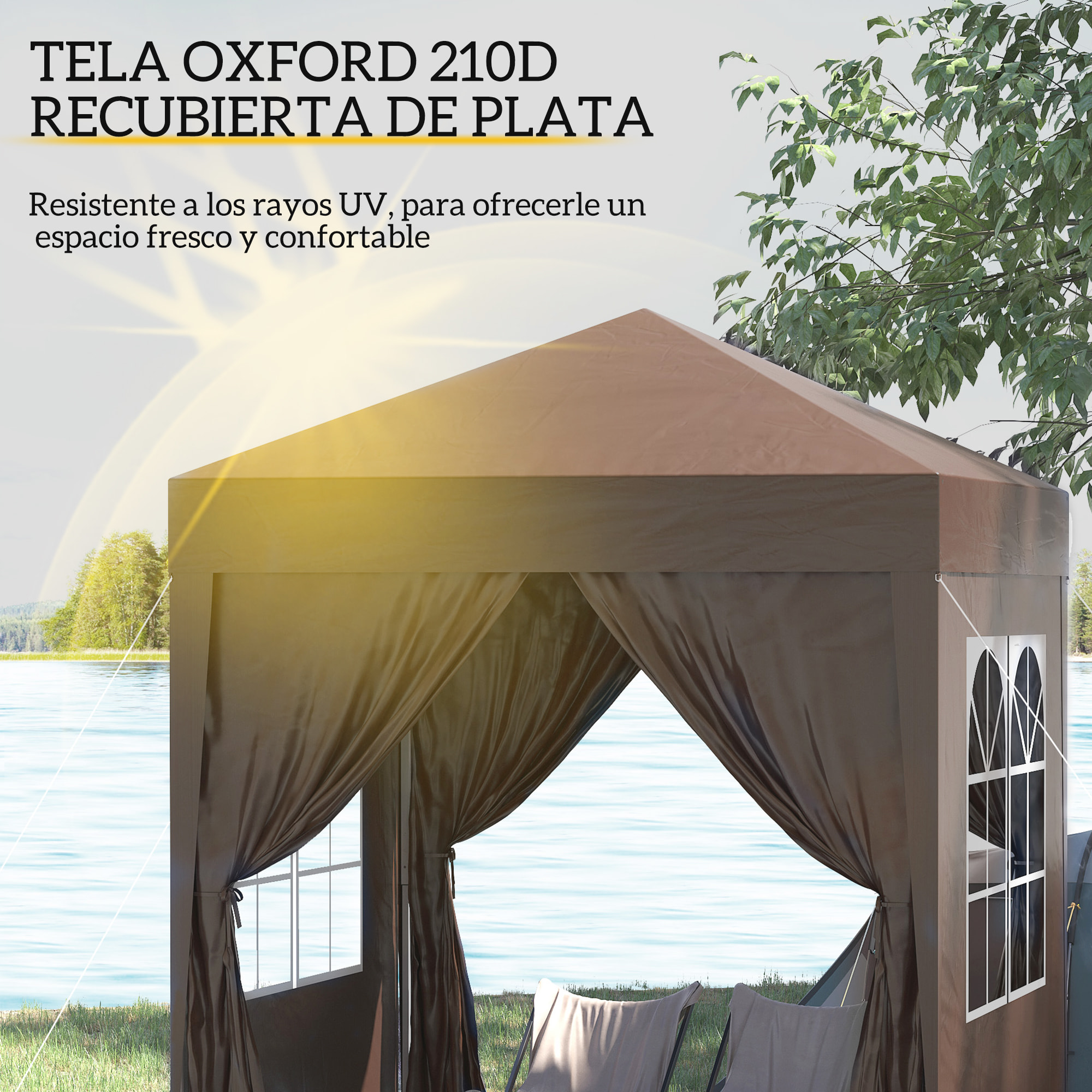 Carpa Plegable Gazebo 2x2 m Cenador de Jardín con 4 Paredes Laterales Tela Oxford 2 Puertas 2 Ventanas y Bolsa de Transporte para Exterior Terraza Camping Fiestas Marrón