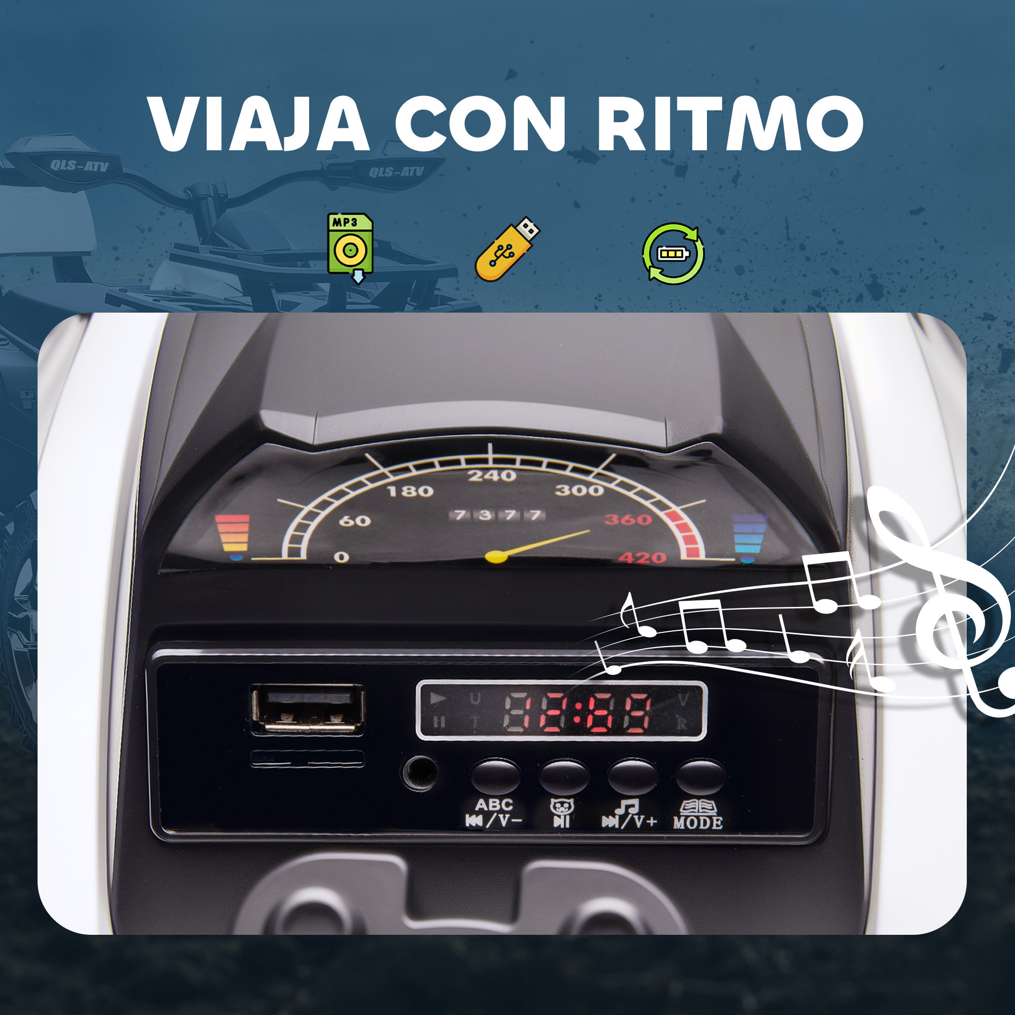 Quad Eléctrico para Niños 12V, Quad para Niños de 3â‚¬â€œ5 Años con 2 Motores, Velocidad 3â‚¬â€œ8 km/h, Música, Faros LED, MP3, USB, Tarjeta TF, Pedal, Avance y Retroceso, Blanco