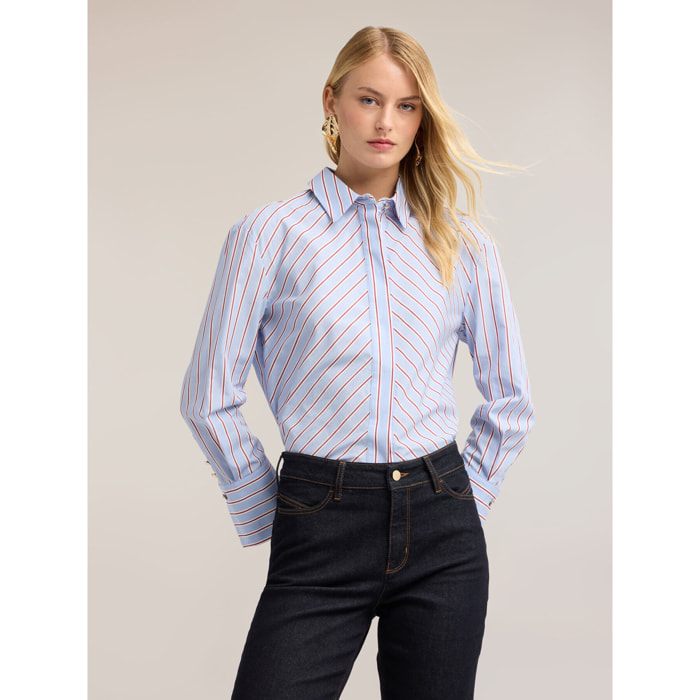Motivi - Camicia boxy in popeline a righe diagonali - Azzurro
