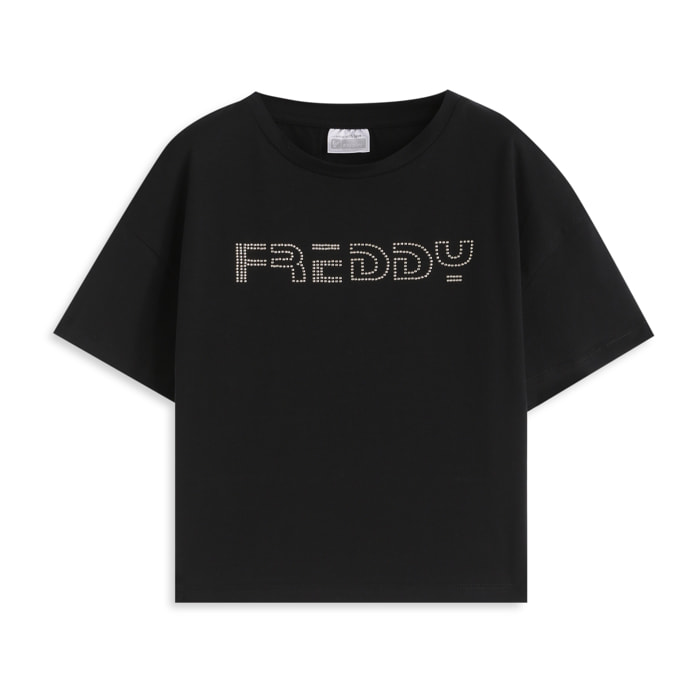 T-shirt cropped bambina con logo borchiato