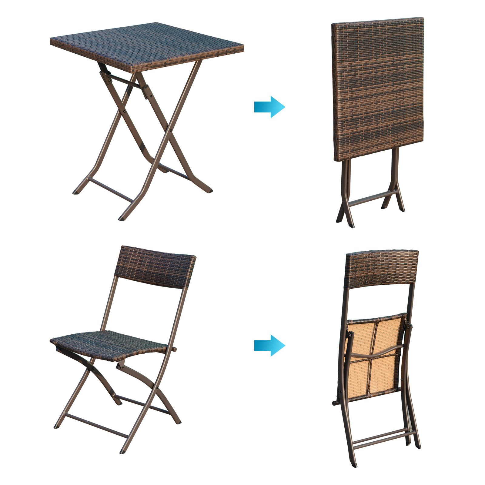 Ensemble meubles de jardin design table carré et chaises pliables résine tressée imitation rotin marron