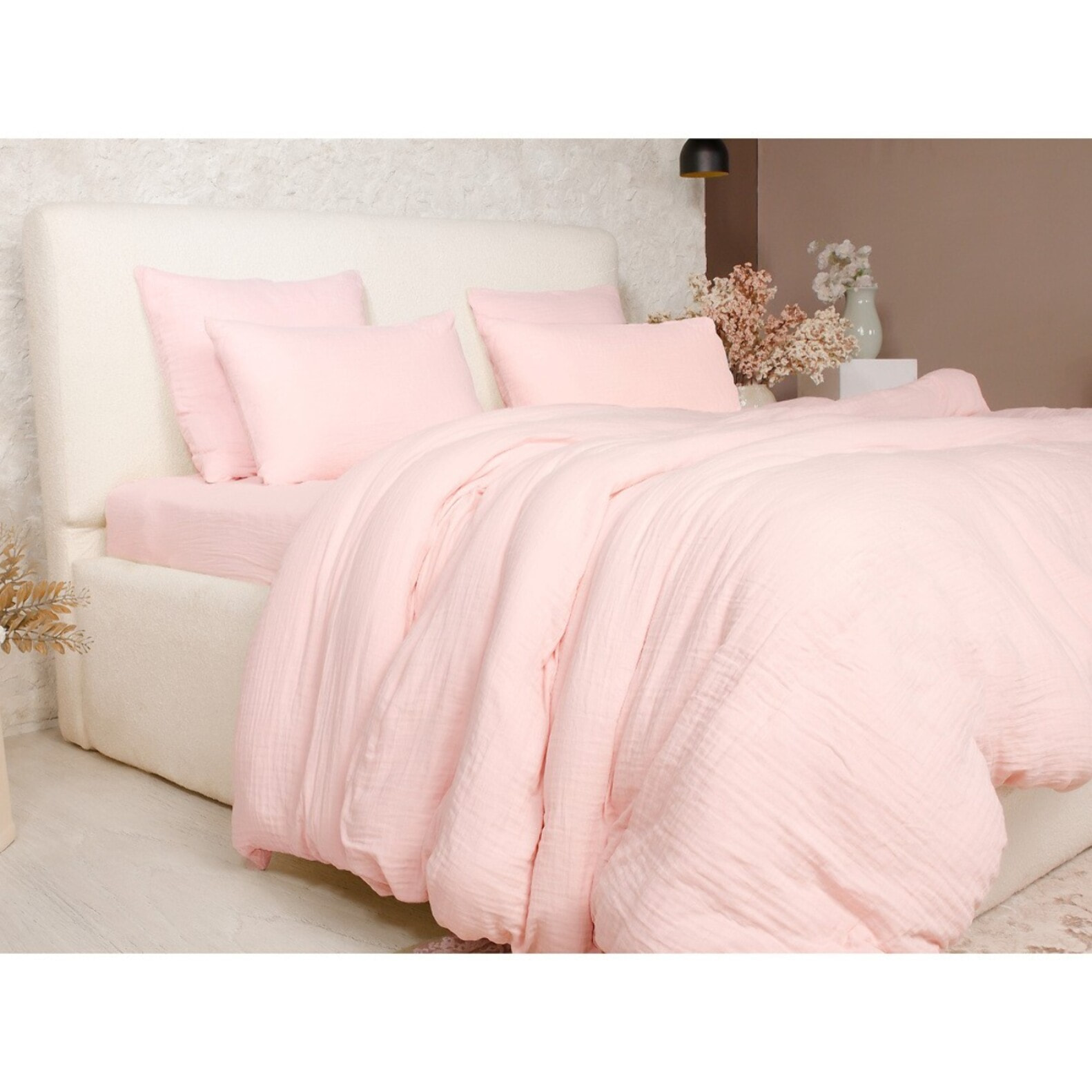 Parure housse de couette gaze de coton lavé rose lotus