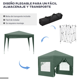 Carpa Plegable con 4 Paredes Desmontables 3x3 m Cenador de Jardín Gazebo Impermeable Protección UV y Bolsa de Transporte Pabellón para Recepción Eventos Camping Cerveza Verde