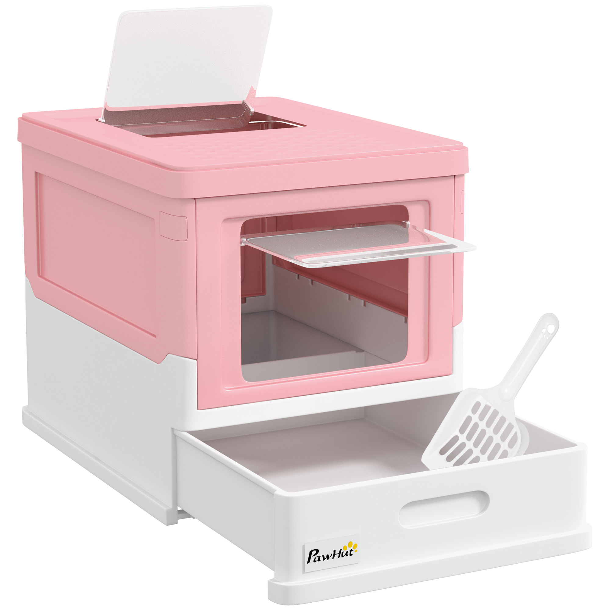 Maison de toilette pliable pour chat - tiroir à litière coulissant, porte battante et trappe transparente, pelle - blanc rose