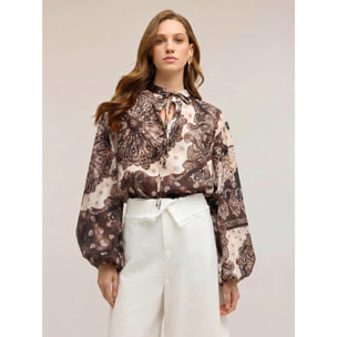 Motivi - Blusa in popeline con stampa e maniche a palloncino - Marrone