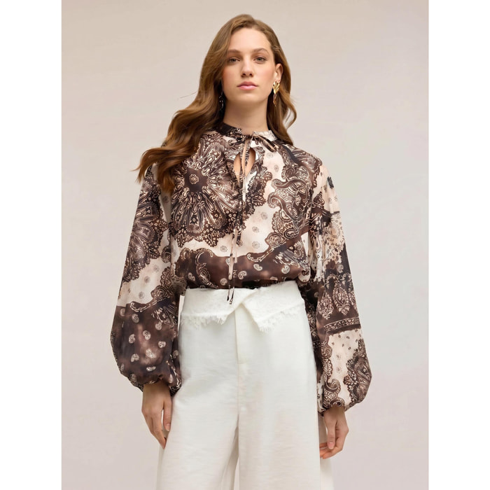 Motivi - Blusa in popeline con stampa e maniche a palloncino - Marrone