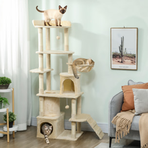 Árbol Rascador para Gatos Grande, Árbol para Gatos, Altura 170 cm, Torre de Escalada con 7 Postes, 1 Túnel, 3 Plataformas, 2 Cuevas, 1 Hamaca, 1 Percha, 1 Rampa, Pompones, Beige