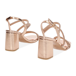Sandalo donna rosa-oro da sera, tacco largo 7,5 cm