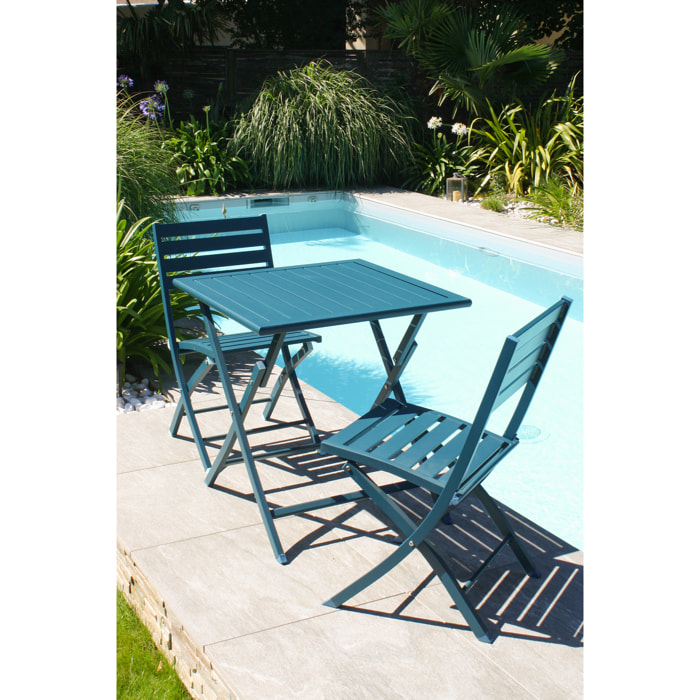 MARIUS - Ensemble repas de jardin 2 places en aluminium bleu canard