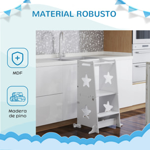 Torre de Aprendizaje 2 en 1 Taburete de Aprendizaje para Niños de +3 Años Convertible en Mesa y Silla con Barra de Seguridad 60x44,5x86 cm Blanco