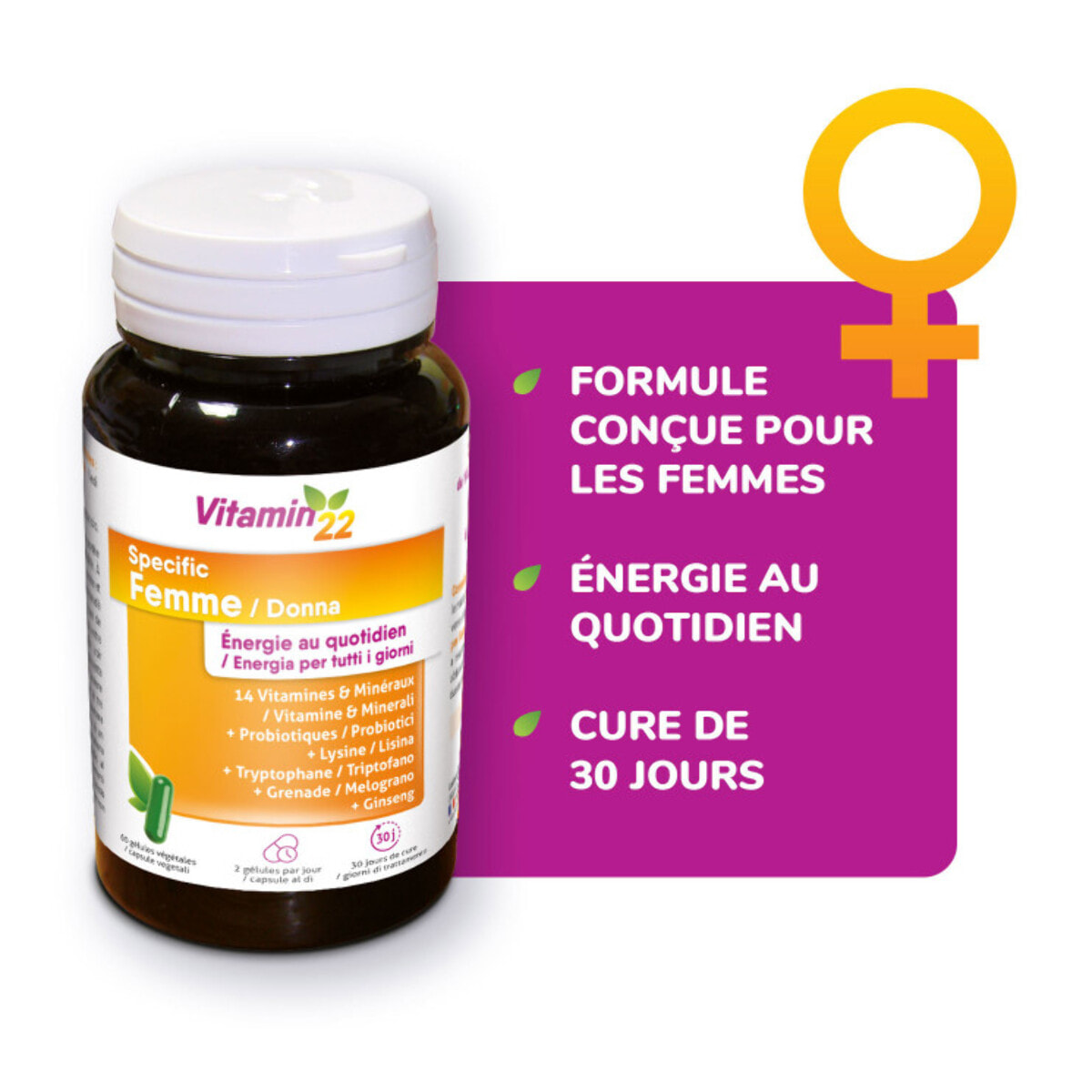 VITAMIN'22 - Specific Femme - A base de 14 vitamines et minéraux - Action fortifiante et anti-fatigue - Fabriqué en France - Cure de 90 jours - Lot de 3