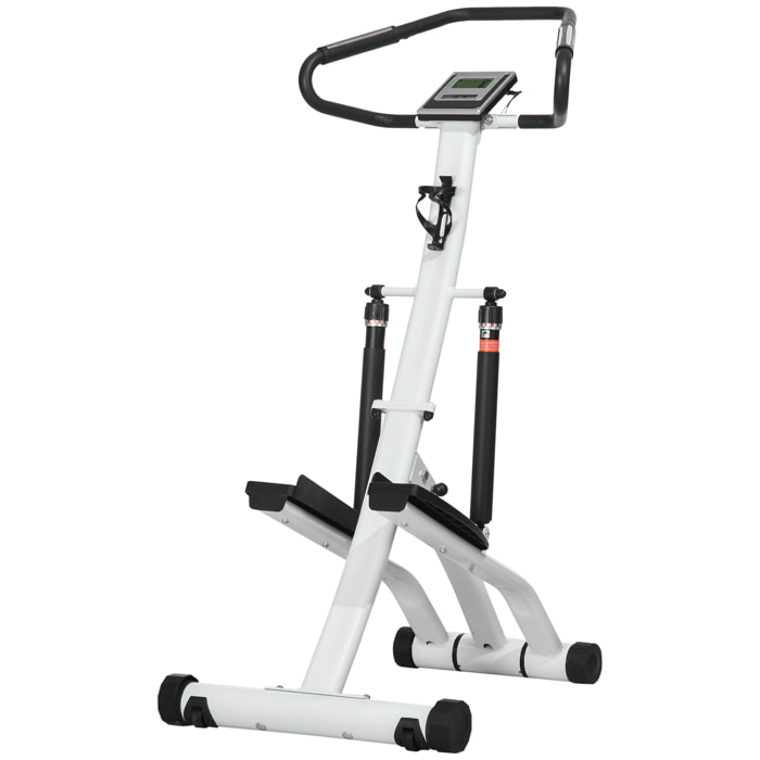 Stepper fitness pliable réglable - stepper avec guidon écran LCD multifonction porte-bouteille 2 roulettes acier blanc