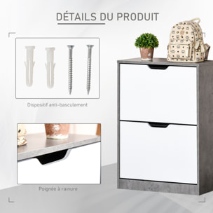 Armoire à chaussures meuble à chaussures dim. 62L x 26l x 81H cm 2 portes abattantes blanc effet béton ciré