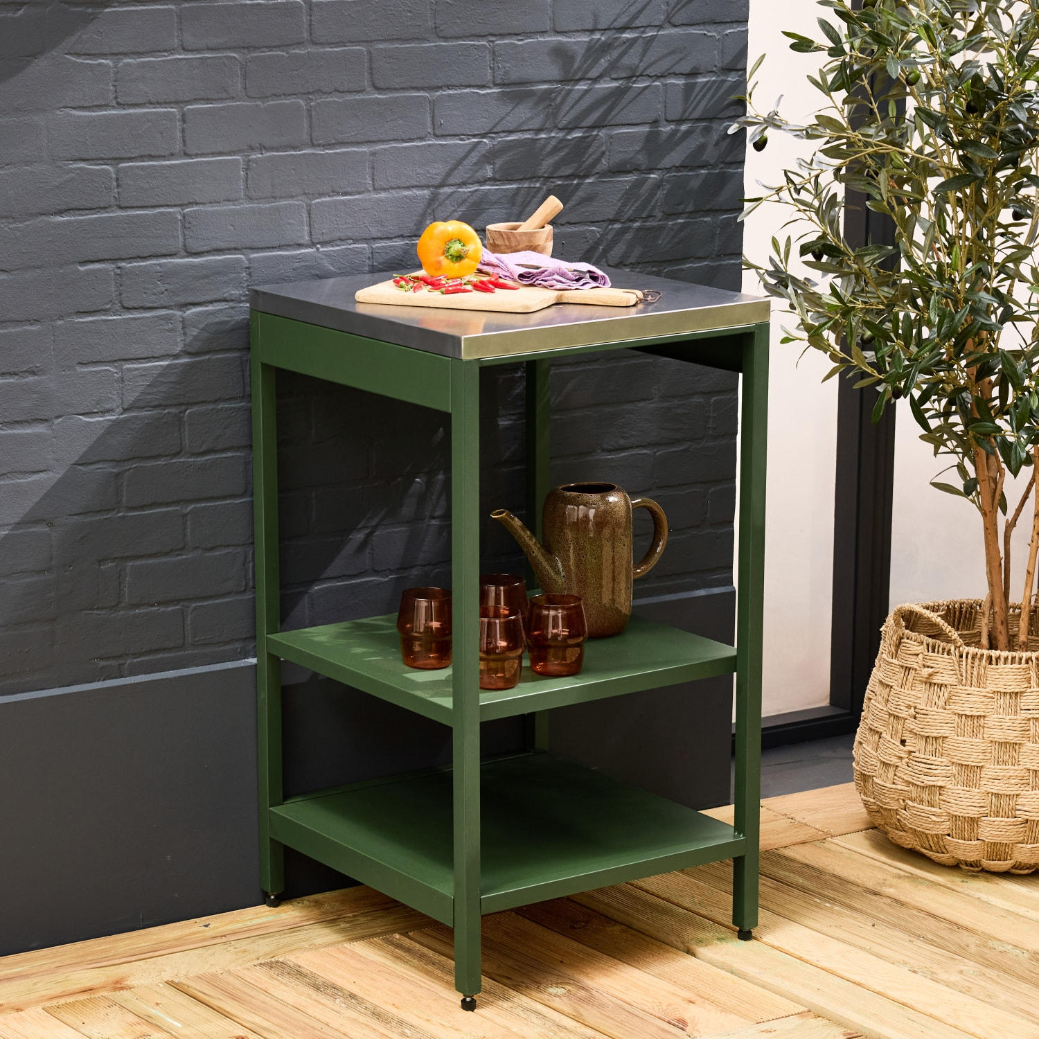 Cuisine d'extérieure en acier vert avec 2 étagères L49cm