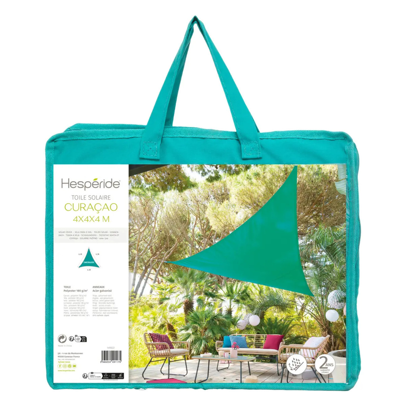 Voile d'ombrage triangulaire "Curacao" émeraude 4x4x4m en polyester