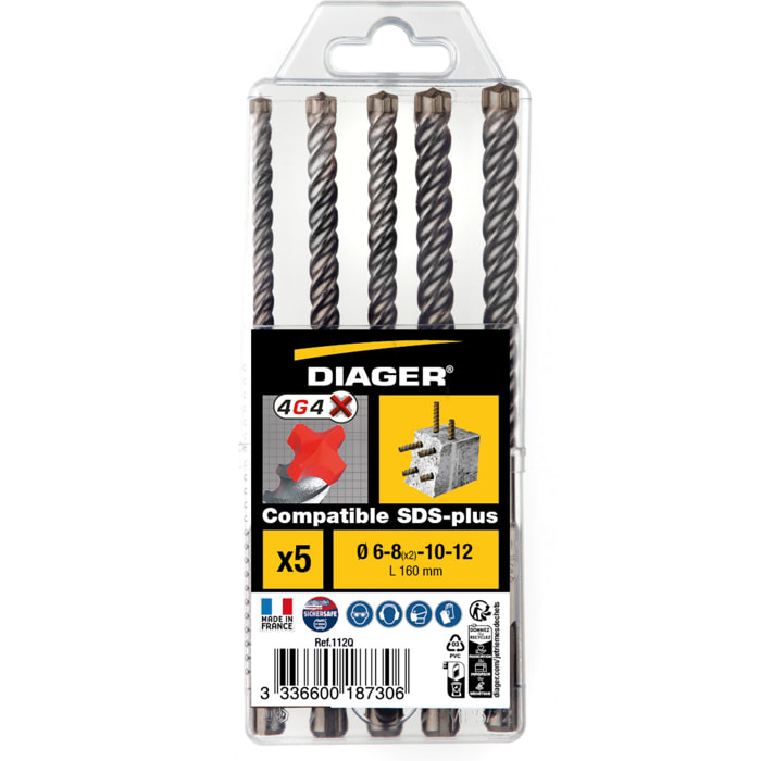 Coffret de 5 forets béton 4G4 attachement SDS+ lg 160 mm - DIAGER - 112Q