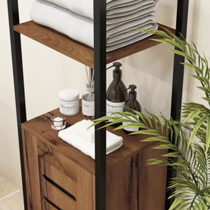 Meuble colonne rangement salle de bain style cosy dim. 37L x 30l x 167H cm 3 étagères porte ajourée acier noir aspect bois