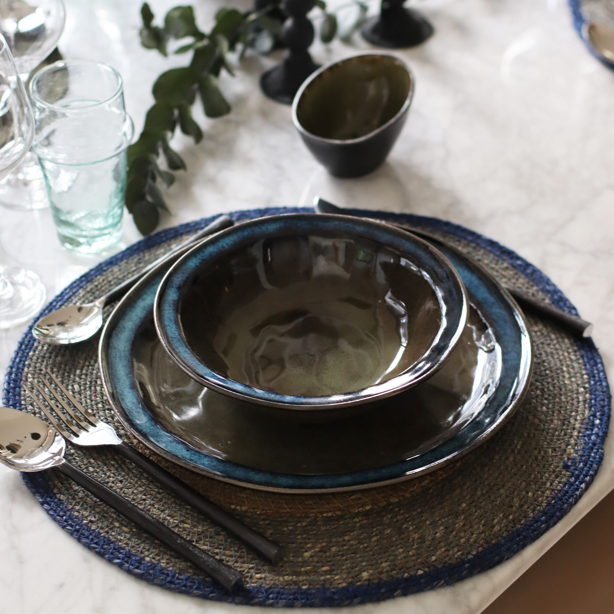 Lot de 6 sets de table bleu en jonc de mer 38cm LUNA