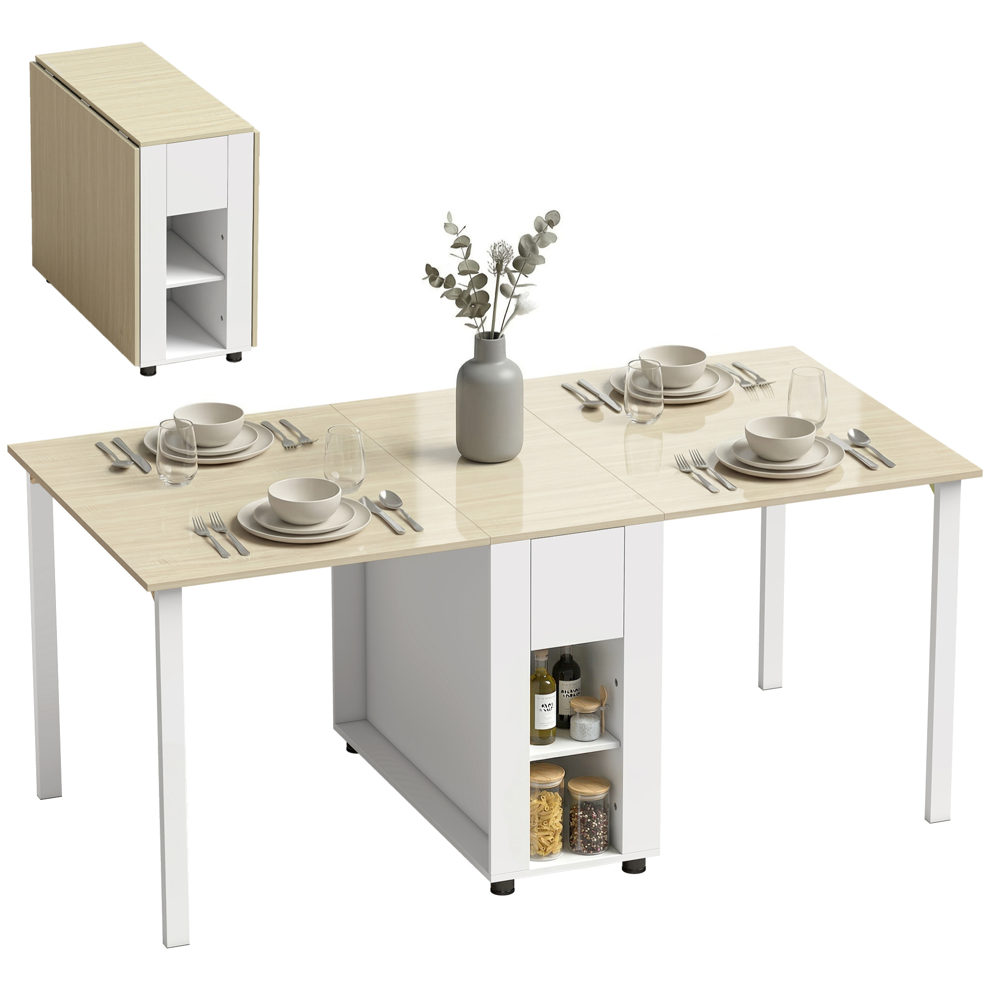 Mesa Plegable de Comedor, Mesa de Cocina Plegable para 6 Personas, con Alas Abatibles, Cajones, Estantes Abiertos, para Salón, Espacio Pequeño, 168,2x85x73 cm, Blanco