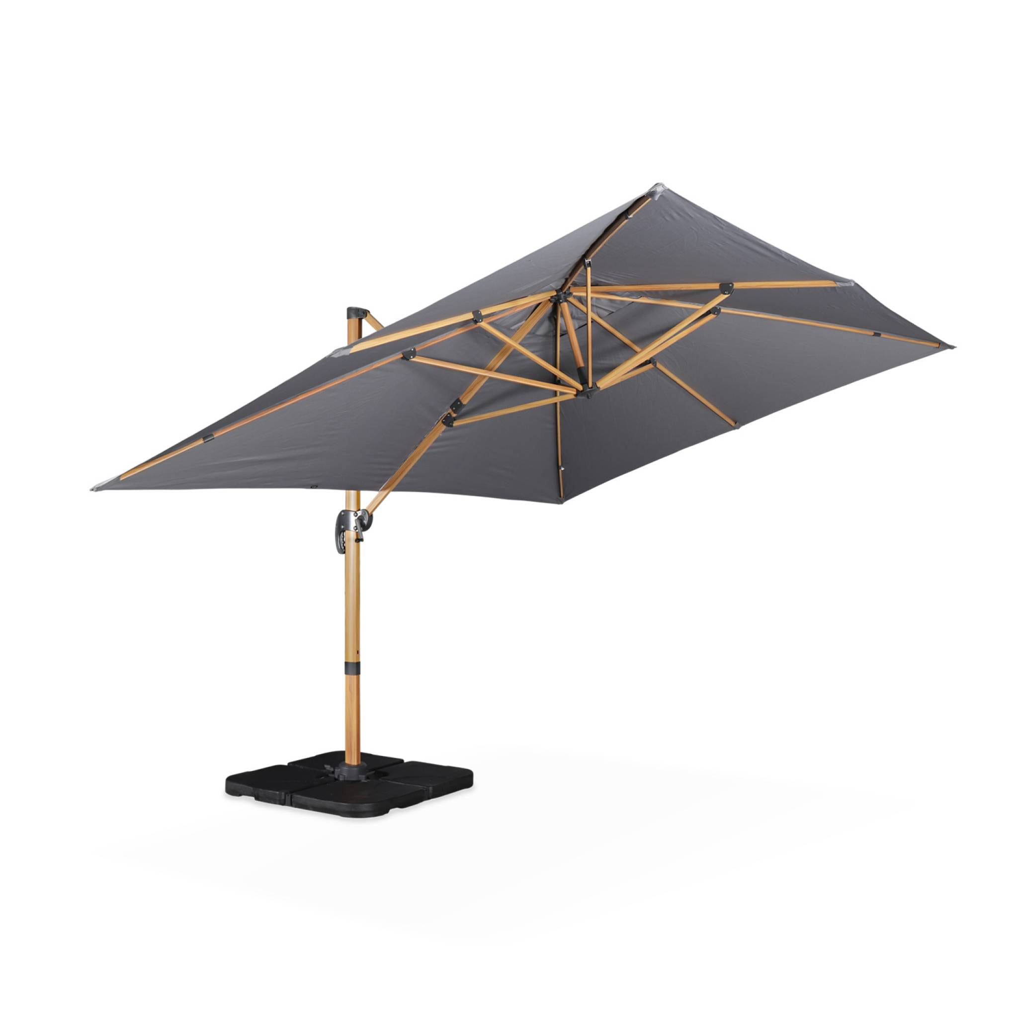 Parasol déporté rectangulaire gris 3x4m. mât effet bois + Dalles à lester 50x50cm