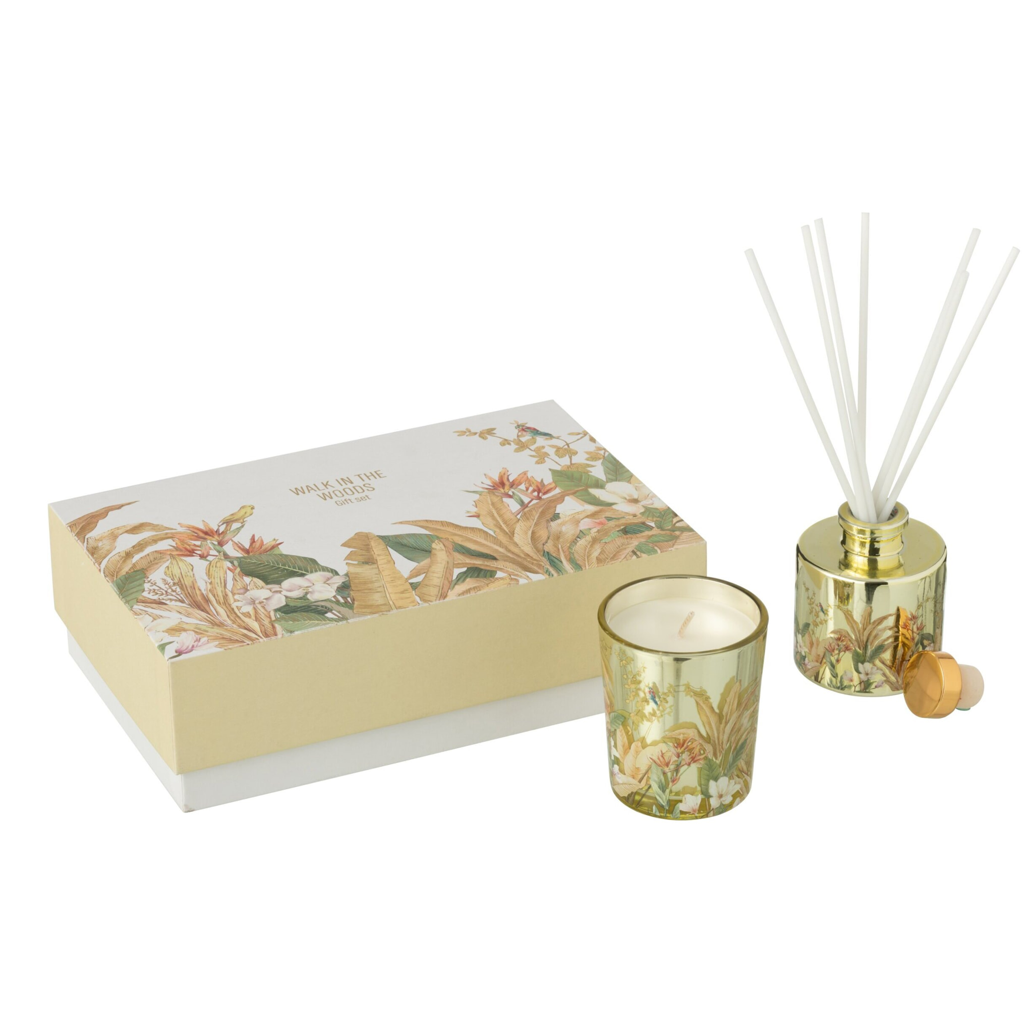 J-Line bougie parfumée + bâtonnets parfumés Walk In The Woods - Bergamot Fig - verre - jaune - set cadeau