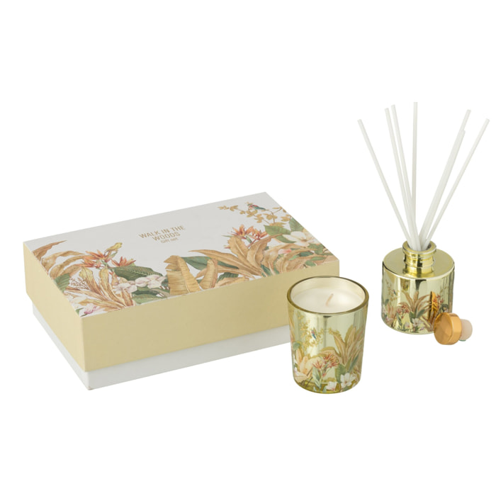 J-Line bougie parfumée + bâtonnets parfumés Walk In The Woods - Bergamot Fig - verre - jaune - set cadeau