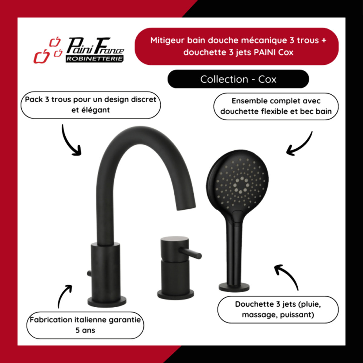 Mitigeur bain douche mécanique 3 trous + douchette 3 jets PAINI Cox noir mat