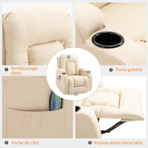 Fauteuil de massage et relaxation électrique chauffant inclinable manuellement repose-pied télécommande crème